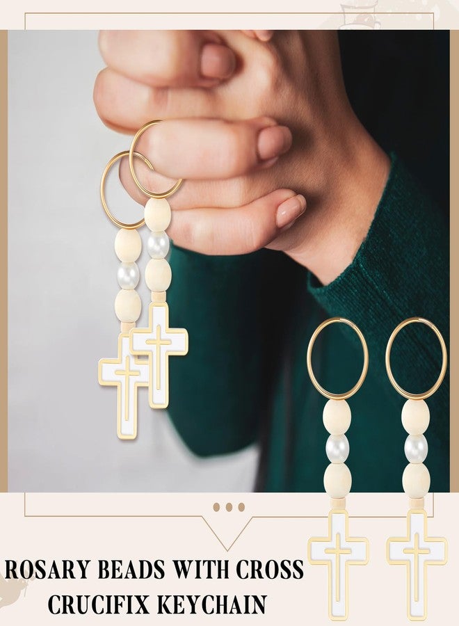 Quelay 50 Sets First Holy Communion Favors Rosary Beads with Cross Crucifix Keychain White Organza Bag Christening Baptism Gifts (White) - Image 5